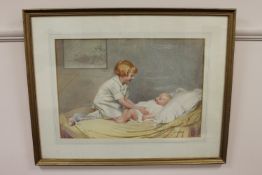 Ernest Longmate (fl.1916-34), A young child caring for a baby, watercolour, signed, 55cm by 38cm.