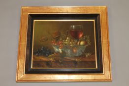 Gilkorn (20th century), still life of grapes and a glass of red wine, oil on board, signed,