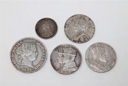 A silver 20 Reales 1859, together with four Victorian and later silver coins.
