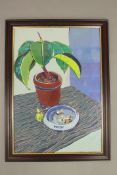 Christine McArthur RSW RGI (Scottish, Born 1953), still life of a plant pot and ashtray, oil,
