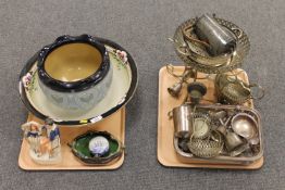 Two trays of silver plated items including a epergne stand, Japanese figured dish,
