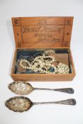 A pair of Victorian silver plated berry spoons, together with Victorian ivory necklace and pendant,