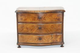 A 19th century burr walnut miniature three drawer chest, width 30 cm,