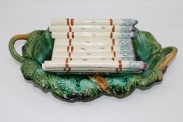 A 1930's French majolica twin-handled asparagus dish, width 38cm.