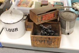 Two wooden advertising boxes, together with an enamelled flour bin,