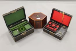 A 19th century hexagonal mahogany tea caddy, together with two 19th century jewellery caskets.