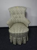 A 19th century bedroom chair upholstered in green floral striped fabric, width 60cm.