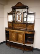 A late Victorian rosewood and satinwood inlaid bowfront mirror back sideboard, width 152cm.