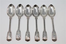 A Harlequin set of six Georgian and Victorian King's Pattern silver dessert spoons, various makers,