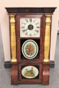 A 19th century mahogany and parcel gilt 8 day wall clock with enamel dial, height 83cm.