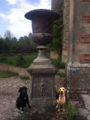 A magnificent pair of very large 20th Century weathered cast iron garden urns,