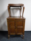An oak gramophone cabinet together with a tapestry upholstered stool