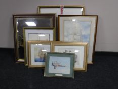 A framed mirror, gilt frame, two watercolours,