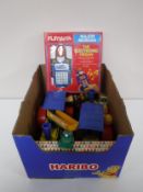 A box of mid 20th century and later toys including plastic traction engines, die cast vehicles,