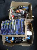 Three boxes of Marvel X Men figures, boxed die cast vehicles, Beats Bopit, leads,