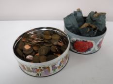 Two tins containing a large quantity of pre-decimal British copper coins.