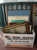 A box of assorted pictures and prints, continental school oils, map etc.