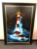 Sue Wills, Lighthouse during a storm, oil on canvas,