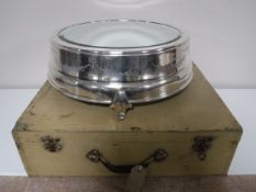A boxed early 20th century plated cake stand with mirror top