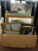 A box of assorted pictures and prints, continental school oils etc.
