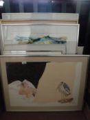 Nine assorted contemporary pictures and prints including a framed watercolour Nude on bed etc
