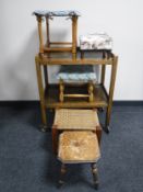 An oak two tier trolley together with five assorted stools