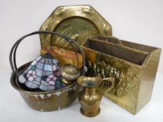 Two brass embossed mag racks, brass Art Nouveau wall plaque,