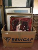 A box of assorted pictures and prints including continental oils on canvas,