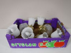 Two brass light fittings with glass shades