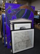 A framed map of Sunderland, together with a contemporary framed pencil study -Nude by J Meyers,