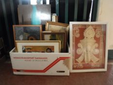 A box of continental school pictures and prints together with an Eastern religious montage in case