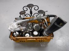 A box of stainless steel pieces, coffee pots,