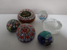 A box of six twentieth century glass paperweights
