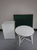 Two folding card tables together with a painted loom occasional table and linen box