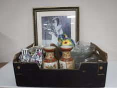 A box of Art deco pottery comport, glass punch bowl, prints,