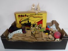 A box of mid 20th century Brio train set, assorted dolls and toys.