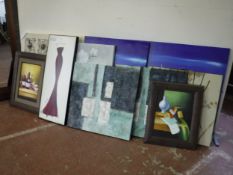 Nine assorted wall canvases together with two framed oils