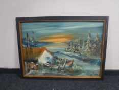 A framed continental school oil on board - Winter landscape at sunset