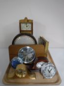 A tray of 20th century mantel and travel clocks.