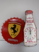 A metal Ferrari bottle top and a Fresh Milk wall clock