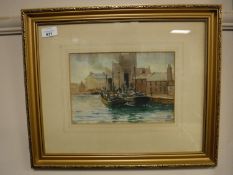 John Valentine : Fishing boats moored on North Shield fish quay, watercolour, signed,