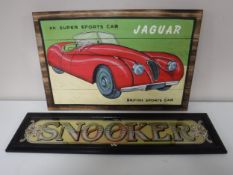 A vintage style snooker sign and a hand painted plaque - Jaguar SK sports car