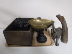 A tray of vintage scales and weights,