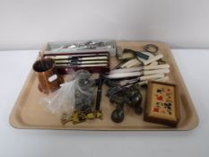 An antique copper tankard together with assorted cutlery, card case,