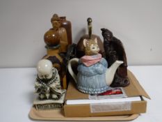 A tray of brass spirit kettle on stand, novelty teapot,