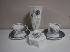 Six pieces of Wedgwood Susie Cooper Glen Mist china, two coffee cans with saucers,