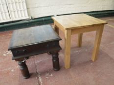 A Mexican pine lamp table together with a contemporary oak lamp table