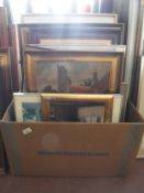 A box of framed continental pictures,