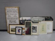 Three framed mirrors together with a quantity of assorted prints and a wall canvas