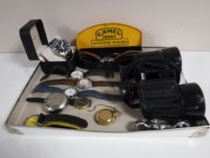A box of assorted Gent's wrist watches together with a pair of Zeiss West German 7 x 50 binoculars,